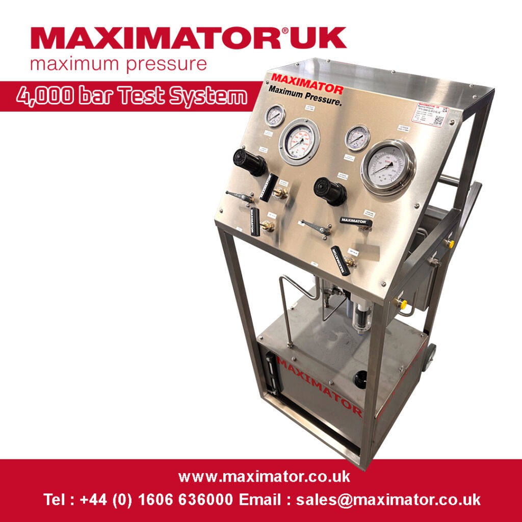 4000 bar test system in shiny steel with dials and knobs and buttons, mounted on a trolley